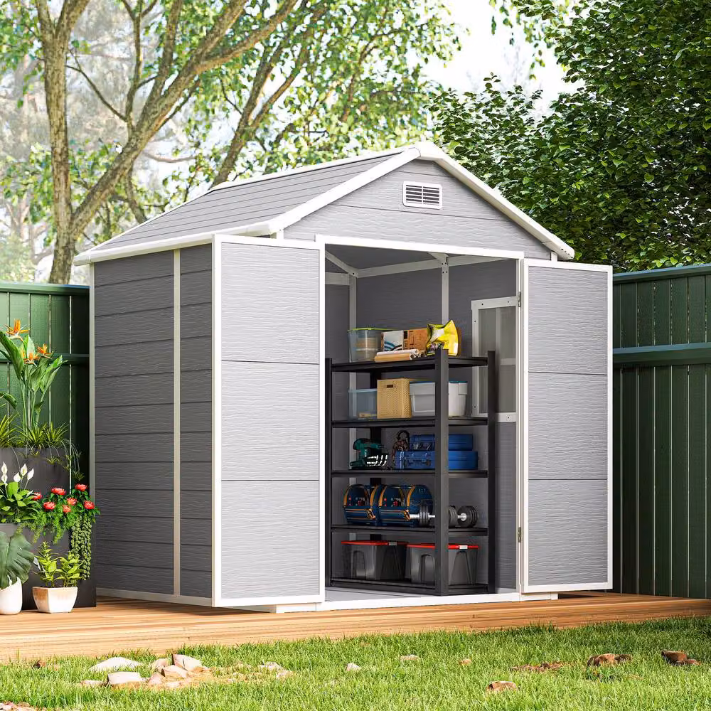 Rolipo Plastic Garden Shed in Dark Grey with Floor, Window and Lockable Doors, W/D/H: 182 x 151 x 219 cm – 3