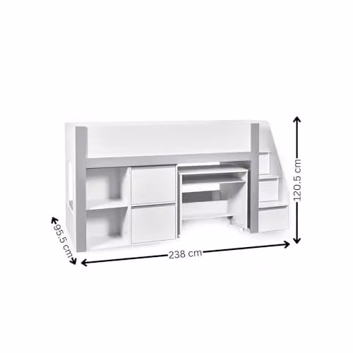 Julian Bowen Gaia Modern White and Silver Solid Wood Childrens Mid Sleeper Bed with Stairs and Drawers W/D/H: 190 x 90 x 157 cm – 2