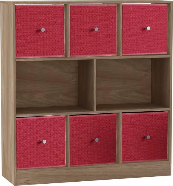 URBNLIVING 8 Oak Cube Bookcase with 6 Pink Fabric Storage Drawer Inserts