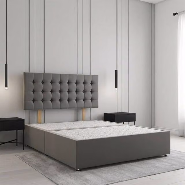 Regional Furnishings Grey Plush Velvet King Size Divan Bed Base with 24 Inch Headboard