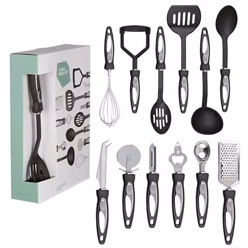 Premier Housewares 12 Piece Black Kitchen Utensil Set with Nylon and Stainless Steel Gadgets – 1