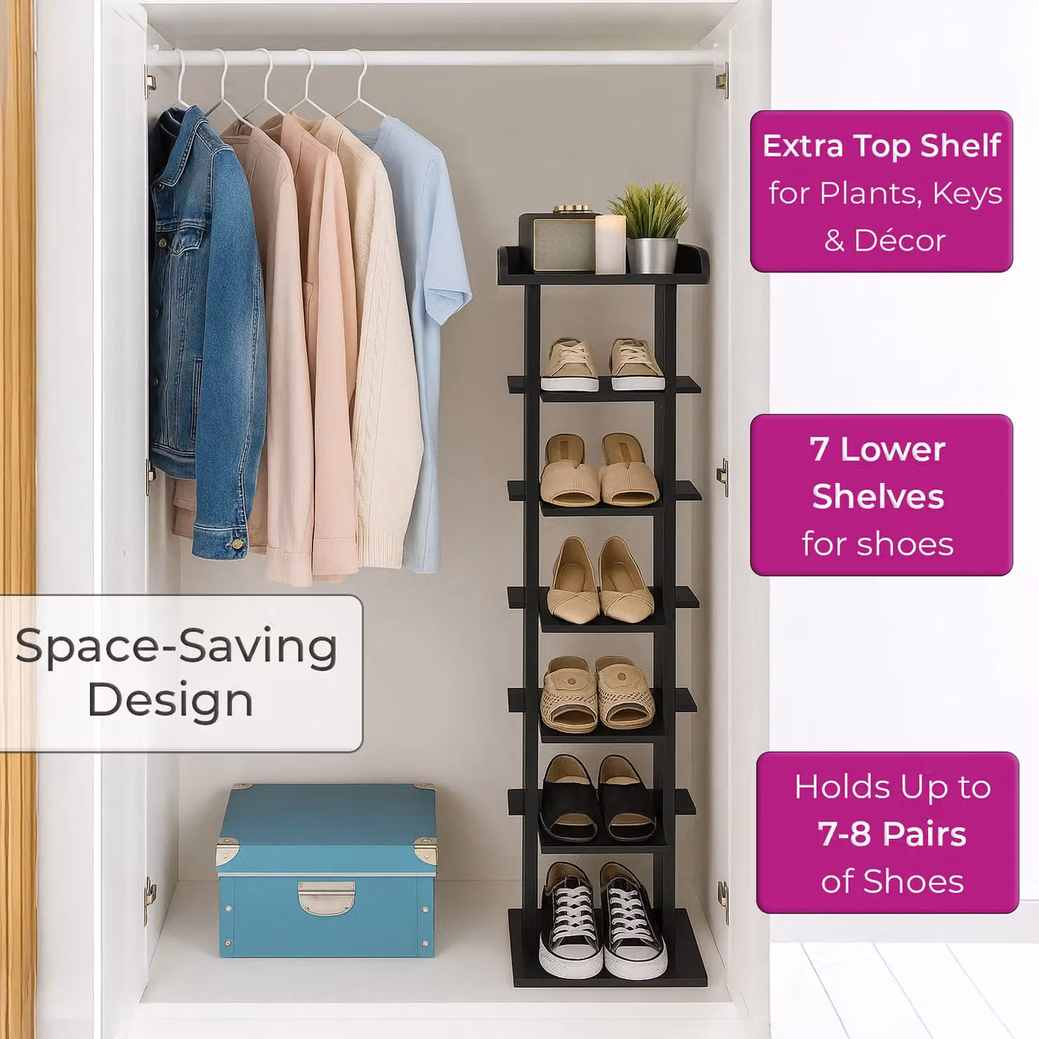 Neo 7 Tier Slim Wooden Shoe Rack Storage in Black – 3