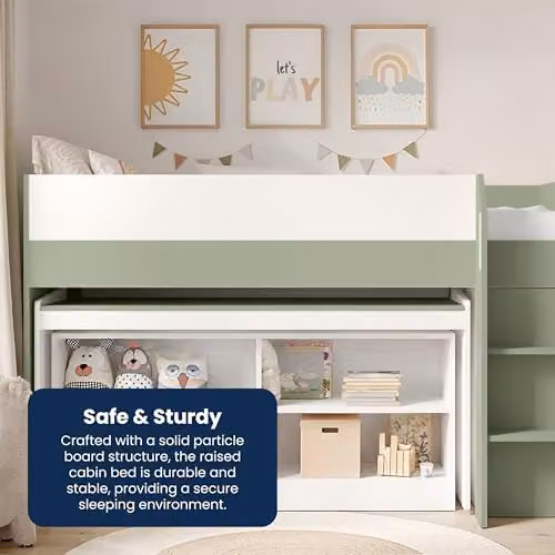 Flair Furnishings Kids Mid Sleeper Cabin Bed with Stairs and Storage in White and Green – 6