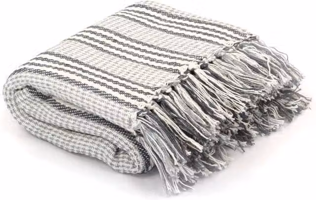 Berkfield Home Striped Cotton Throw with Fringes, Grey & White, W: 160 cm, L: 210 cm – 1