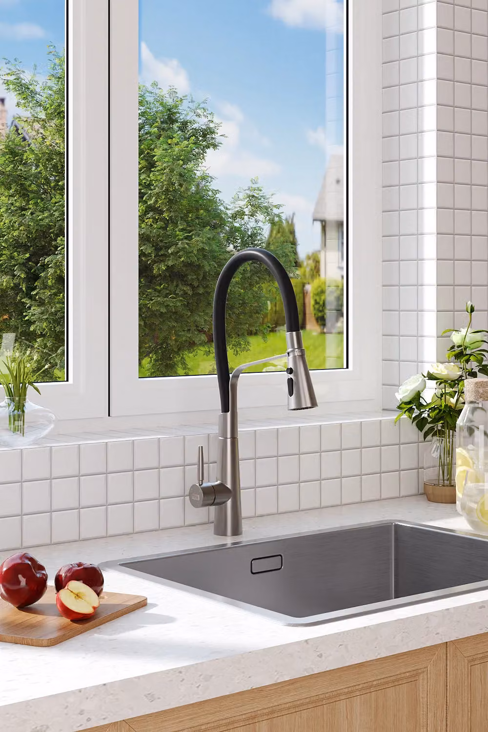 Living and Home Single Lever Pull-Down Kitchen Faucet with Silicone Sprayer in Grey Brushed Steel – 4