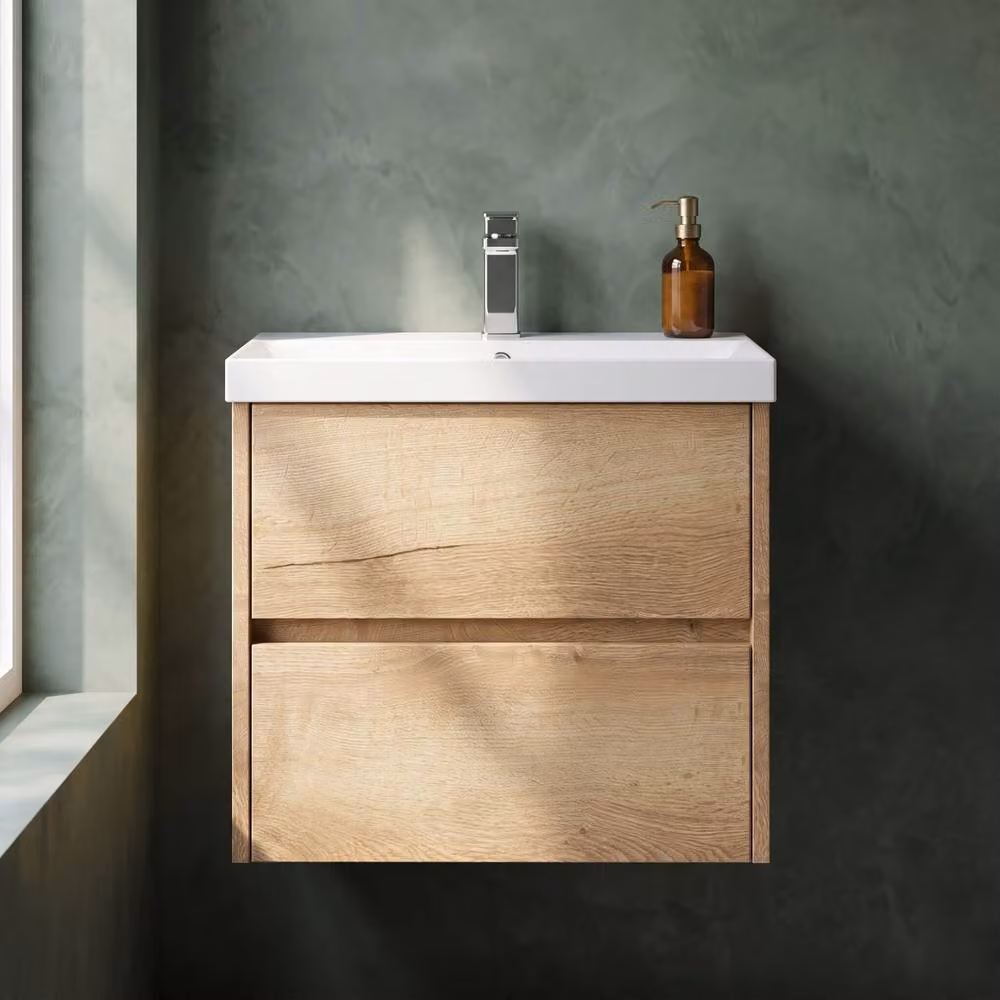 Balterley Chartley 2 Drawer Wall Hung Vanity Basin Unit, Autumn Oak, Width: 60 cm, Brown – 3