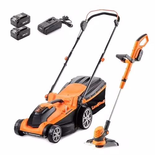 LawnMaster MX 24V 37cm Cordless Lawnmower and Strimmer Set in Orange