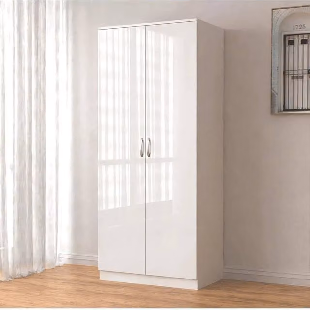 FORGEVIO White High Gloss 2 Door Wardrobe with Internal Shelves and Hanging Rod