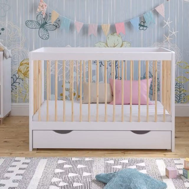 Love For Sleep Luca Cot Bed with Drawer and Mattress, White and Pine, W/D/H: 120 x 60 x 60 cm