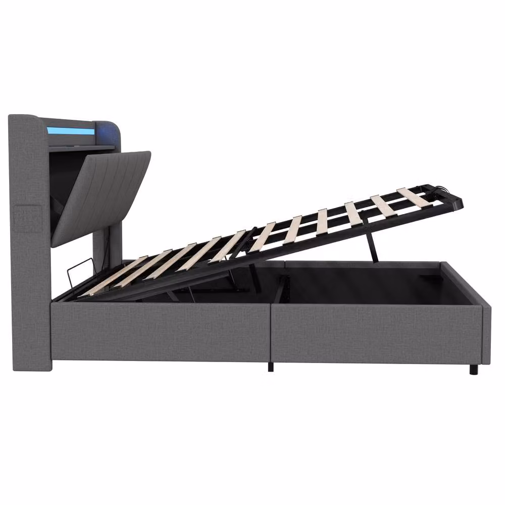 BTM King Bed with Hydraulic Storage and LED Charging Headboard in Grey, W/D/H: 150 x 200 x 105 cm – 5