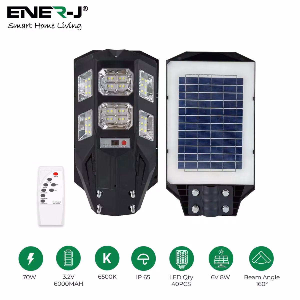 ENER-J 70W Solar Streetlight with 6V 8W Solar Panel, 6000 mAh Battery and Remote Control, Cool White – 2