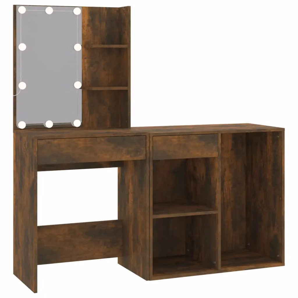 Berkfield Home LED Dressing Table with Cabinet in Smoked Oak Brown – 2