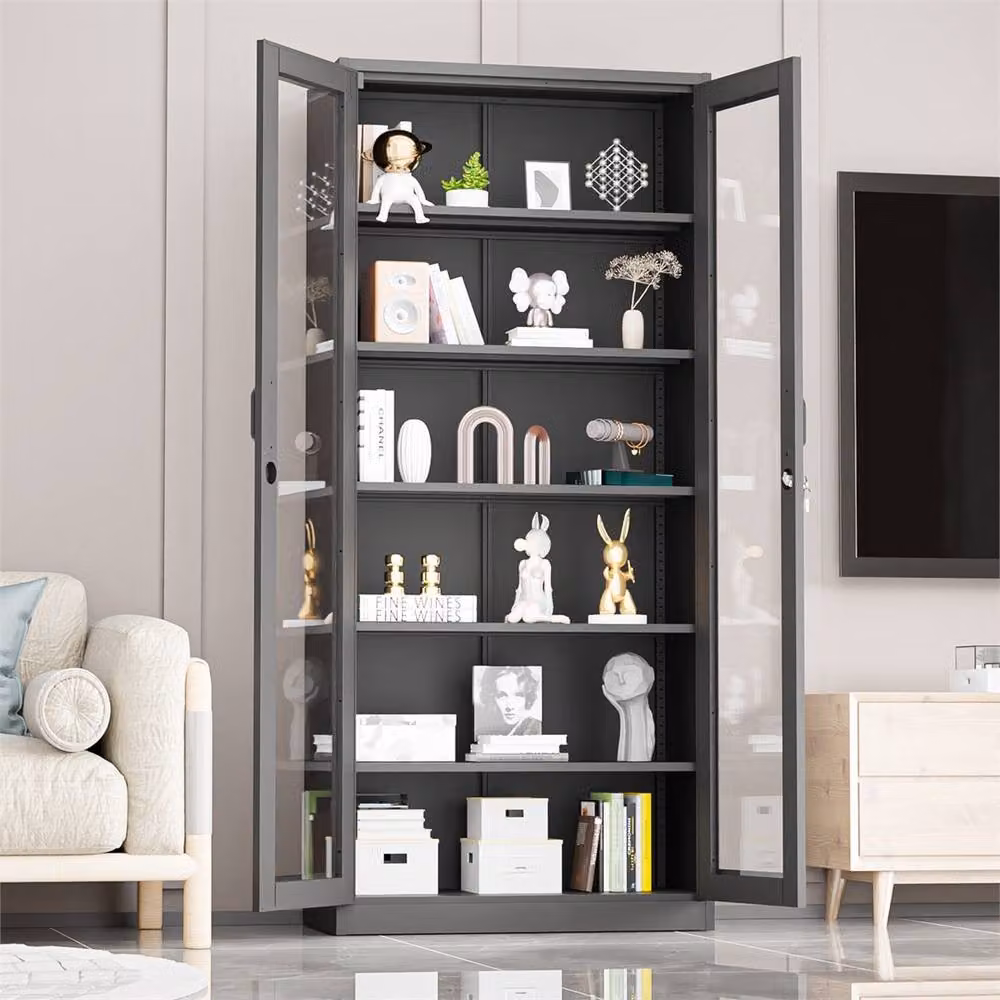 FORGEVIO Modern Black Metal Tall Filing Cabinet with Glass Doors and Adjustable Shelves – 3
