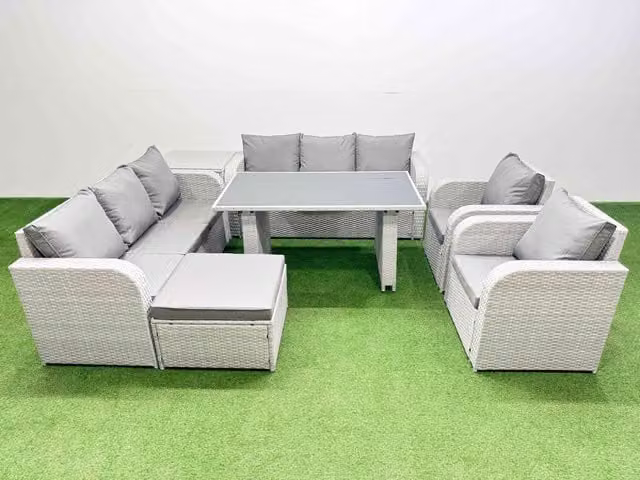 Fimous 9 Seater PE Rattan Outdoor Reclining Furniture Set in Light Grey