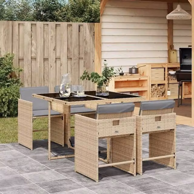 Berkfield Home Garden Dining Set in Beige, Grey and Black with Polyrattan and Glass