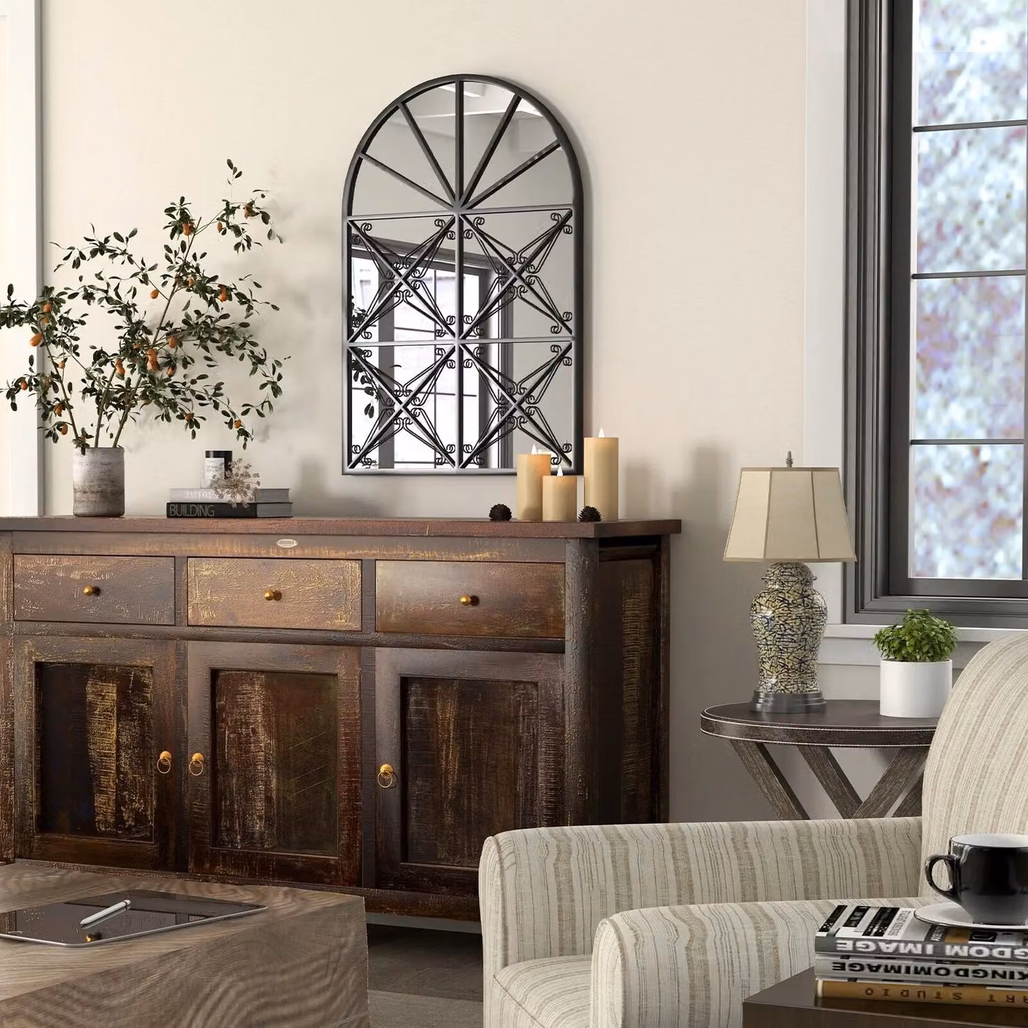 Costway Arched Window Pane Decorative Wall Mounted Mirror with Black Metal Frame – 5