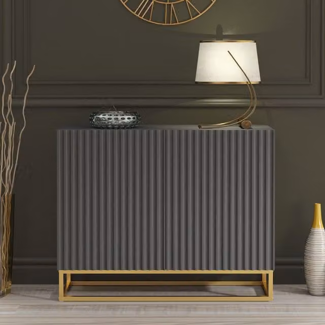 Mex Furniture LTD Dark Grey Fluted Sideboard with Gold Base, W: 100 cm, H: 80 cm, D: 35 cm – 1