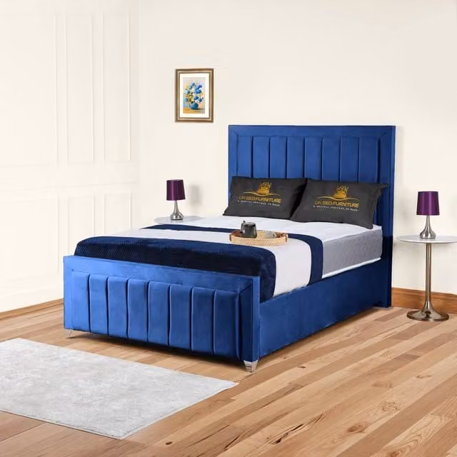 UK Bed Furniture Siarra Small Double Ottoman Gas Lift Upholstered Velvet Bed in Blue – 1