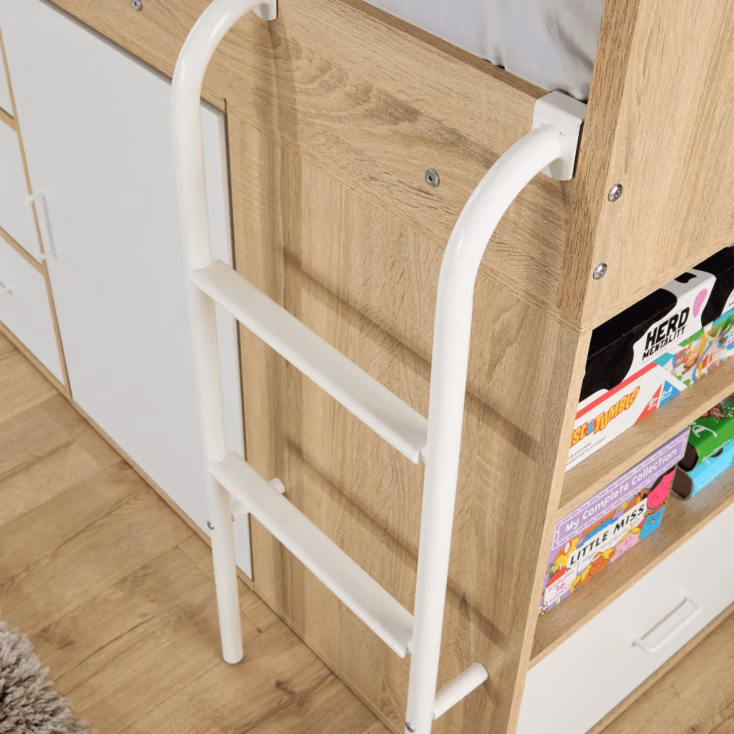 Home Source Kids Single Cabin Loft Bed with Integrated Storage and Hidden Desk in White – 4