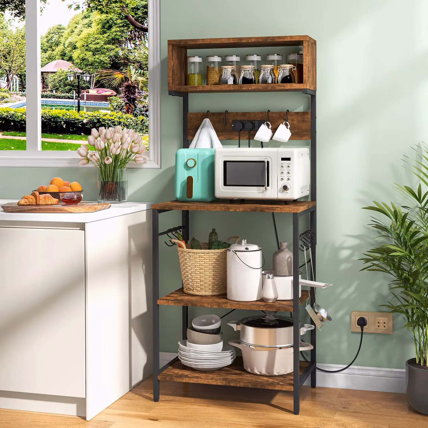 Costway Kitchen Bakers Rack Microwave Stand with Power Outlet in Brown, Height: 153 cm – 8