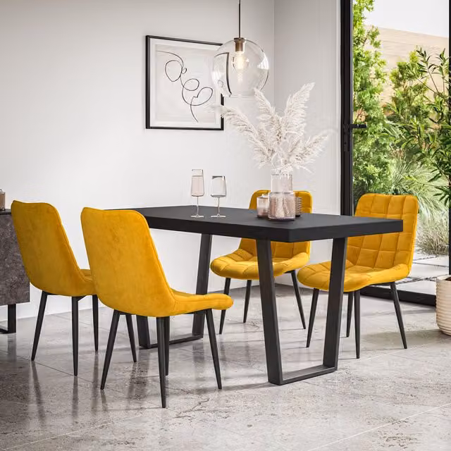 More4Homes Aria Dining Table and Nova Velvet Dining Chair Set of 4, Black and Mustard