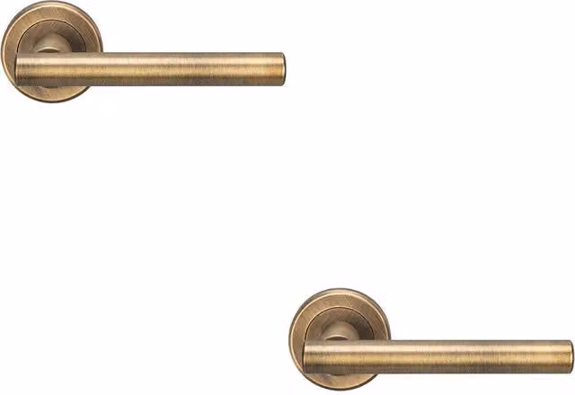 Loops 2x Pair Straight T Bar Handles on Round Rose with Concealed Fixings in Antique Brass