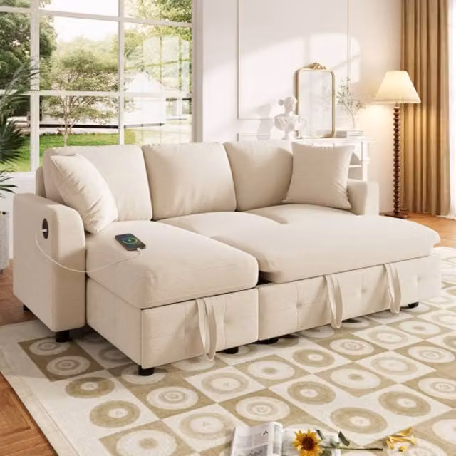 Merax L-Shaped Pull-Out Sofa Bed with Reversible Storage Chaise and USB Charging, Beige