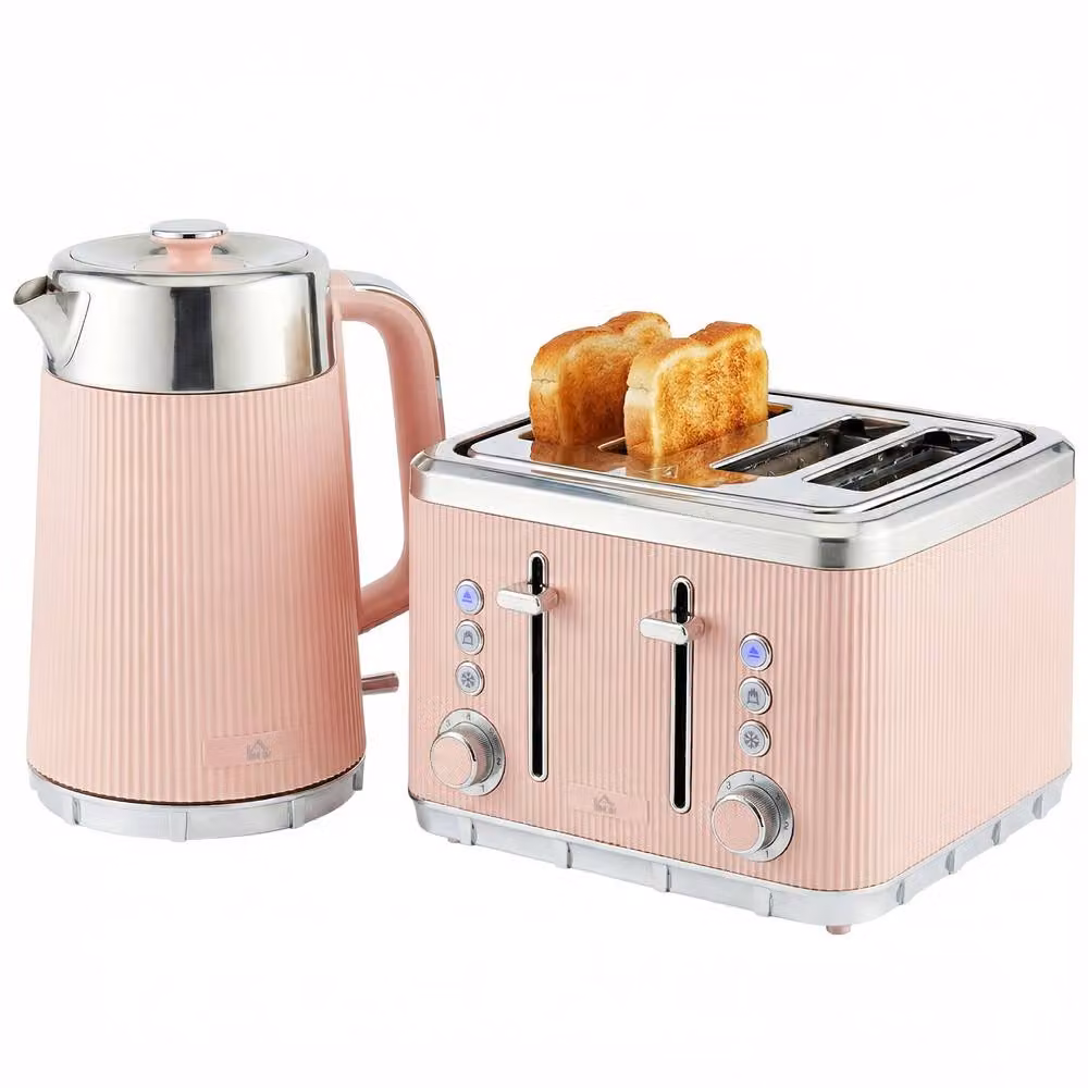 HOMCOM Pink Rapid Boil Kettle 1.7L and 4 Slice Toaster Set with Crumb Tray – 2