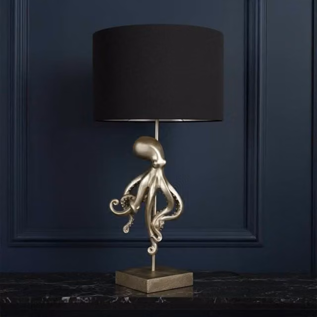 Madison & Mayfair Silver Octopus Table Lamp with Black Fabric Shade, H 66.0 x W 30.7 x D 30.7 cm