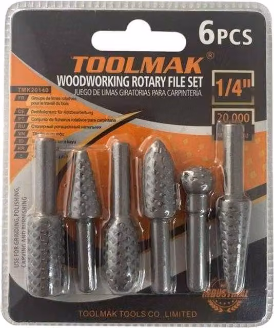 Toolmak Wood Rotary File Set in Black and Silver Steel