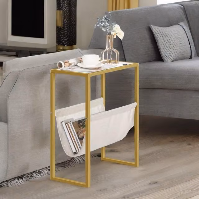 Rafaelo Mobilia Gold Sofa End Table with Fabric Magazine Holder and Glass Top W/D/H: 54.5 x 40 x 24 cm – 1