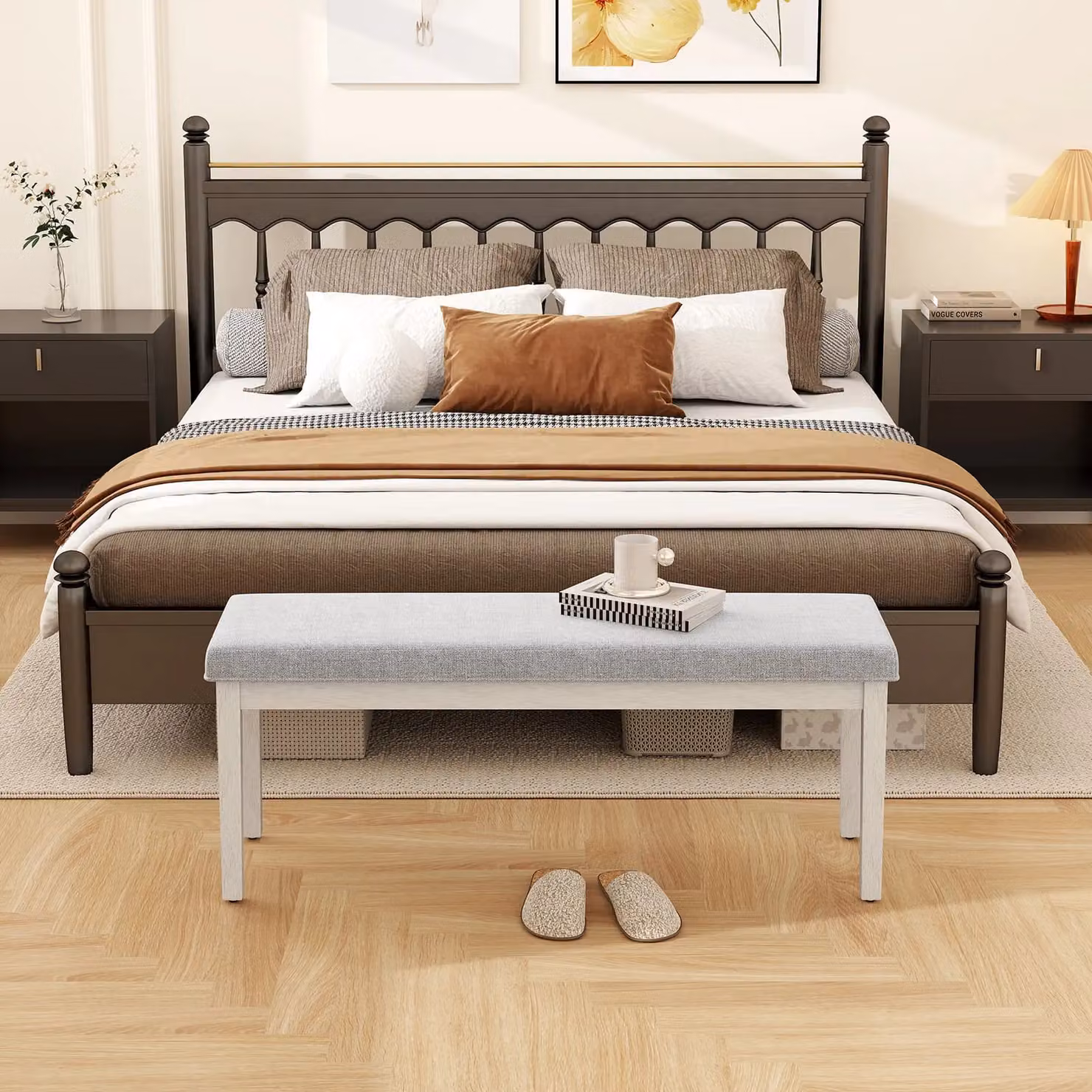 Gymax Modern Upholstered Linen Dining and Shoe Bench in Grey – 4