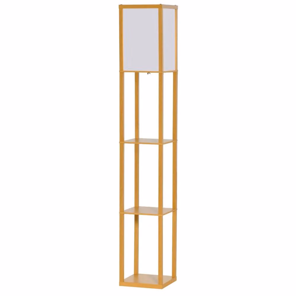 FURNOS Modern Dimmable Floor Lamp with 3 Beech Wood Shelves in Brown – 3
