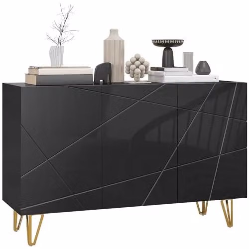 HOMCOM Modern Glossy Black Freestanding Storage Cabinet with Gold Legs, W/D/H: 120 x 40 x 75 cm – 1