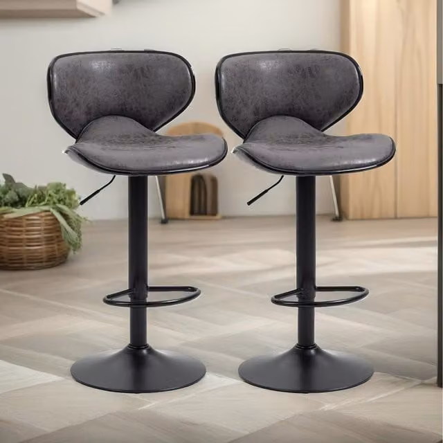 Furnold Set of 2 Height Adjustable 360 Swivel Barstools with Shell Backrest in Grey and Black