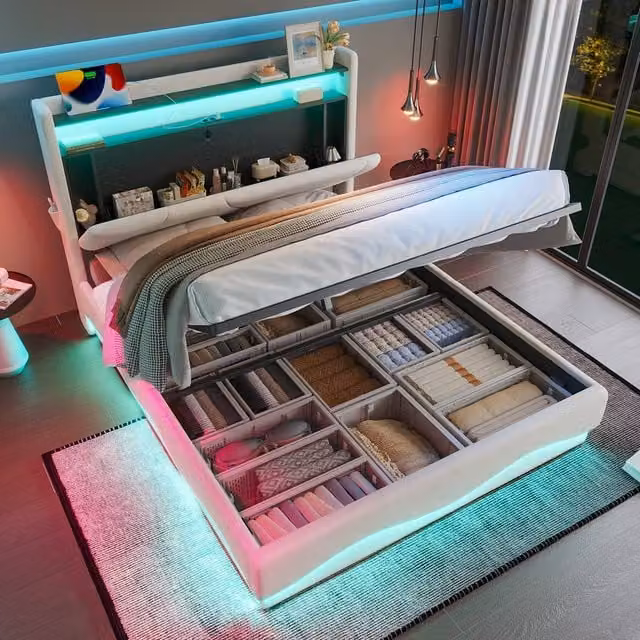 Direct Wicker Modern Upholstered King Size Storage Bed in Beige with LED Headboard, USB Ports and Lift Up Base