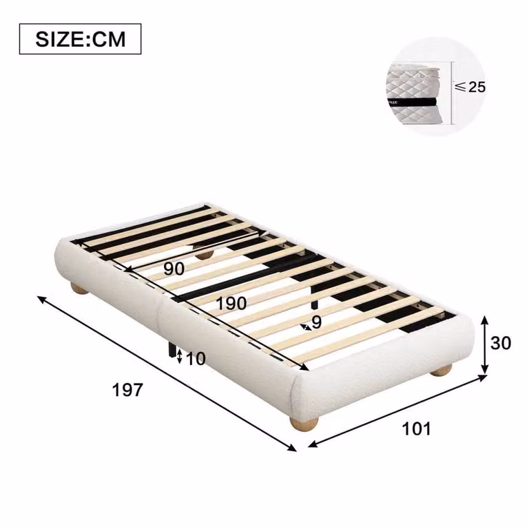 KORVIXA Single Boucle Fabric Upholstered Platform Bed in Beige, W/D/H: 90 x 190 cm