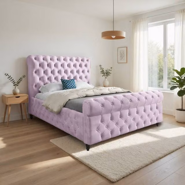 Casani Steeton Sleigh Upholstered Designer Bed Frame in Pink Soft Velvet, W/D/H: 144 x 119 x 200 cm – 1