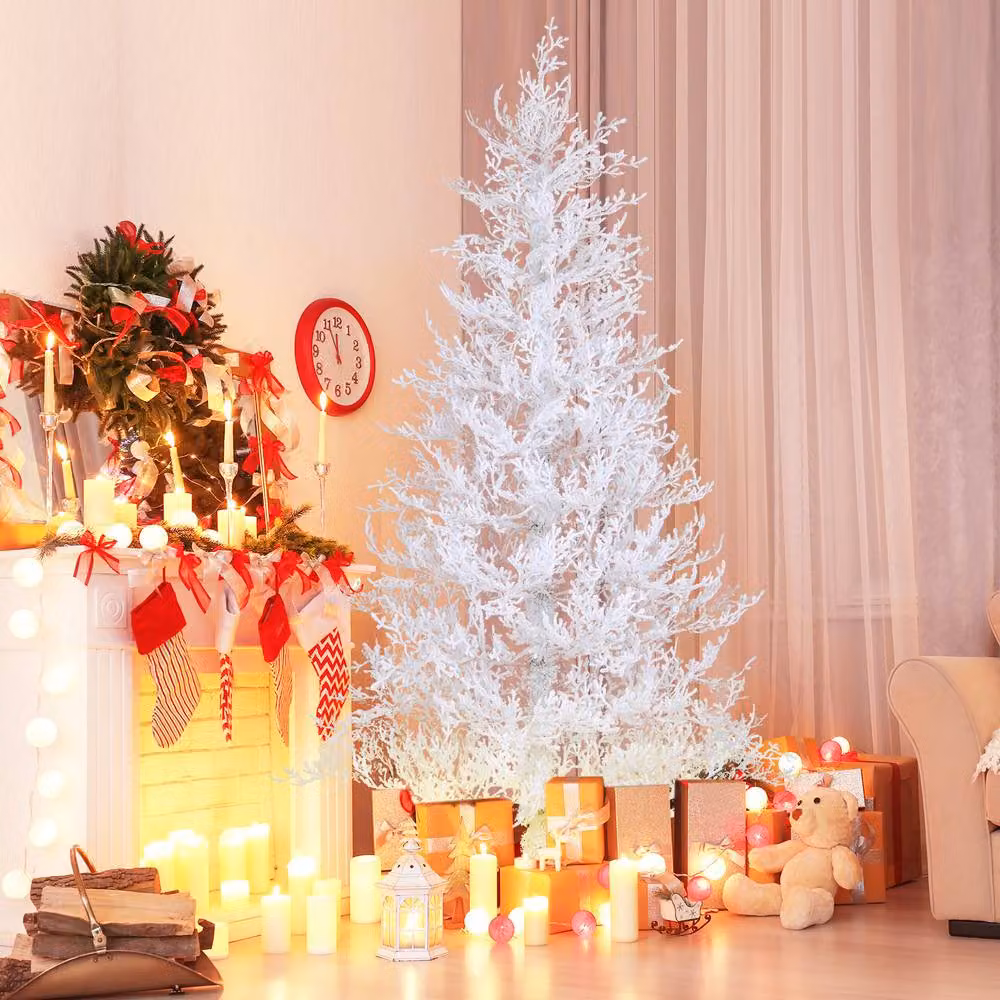 Gymax 180 cm Pre-lit Artificial Christmas Tree with Snow Flocked Branch Tips in White – 4