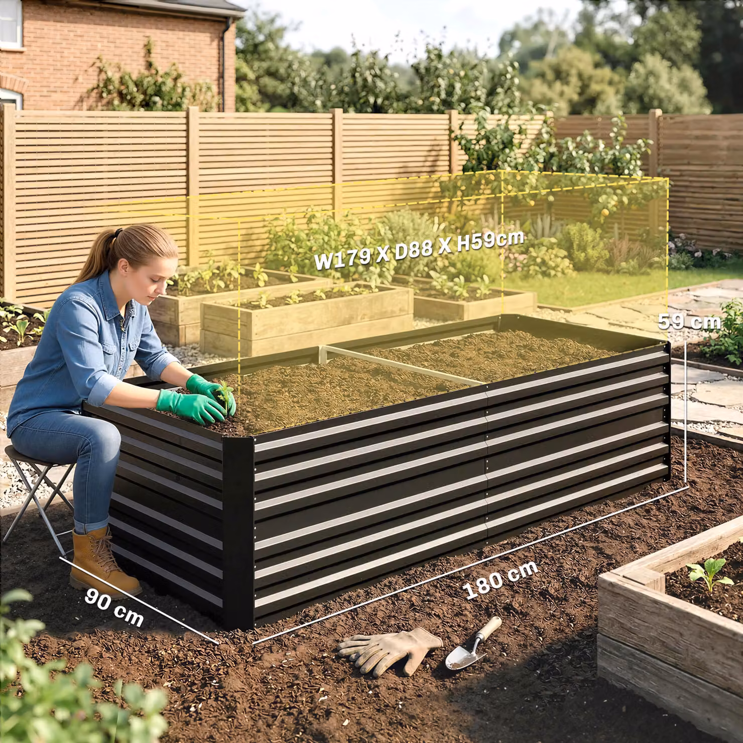 Outsunny Galvanised Steel Raised Garden Bed in Black, W: 180 cm, D: 90 cm, H: 59 cm – 3