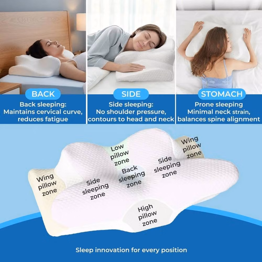 EONLION Ergonomic Memory Foam Butterfly Wedge Pillow in White for Side, Back and Stomach Sleepers – 2