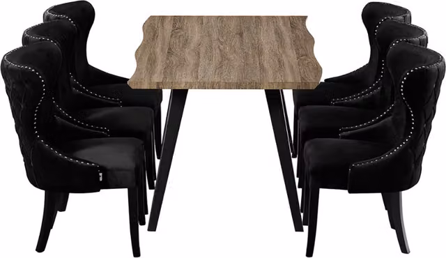 Life Interiors Mayfair Rocco LUX Modern Dining Set with Rectangular Live Edge Wood Table and 6 Black Velvet Chairs