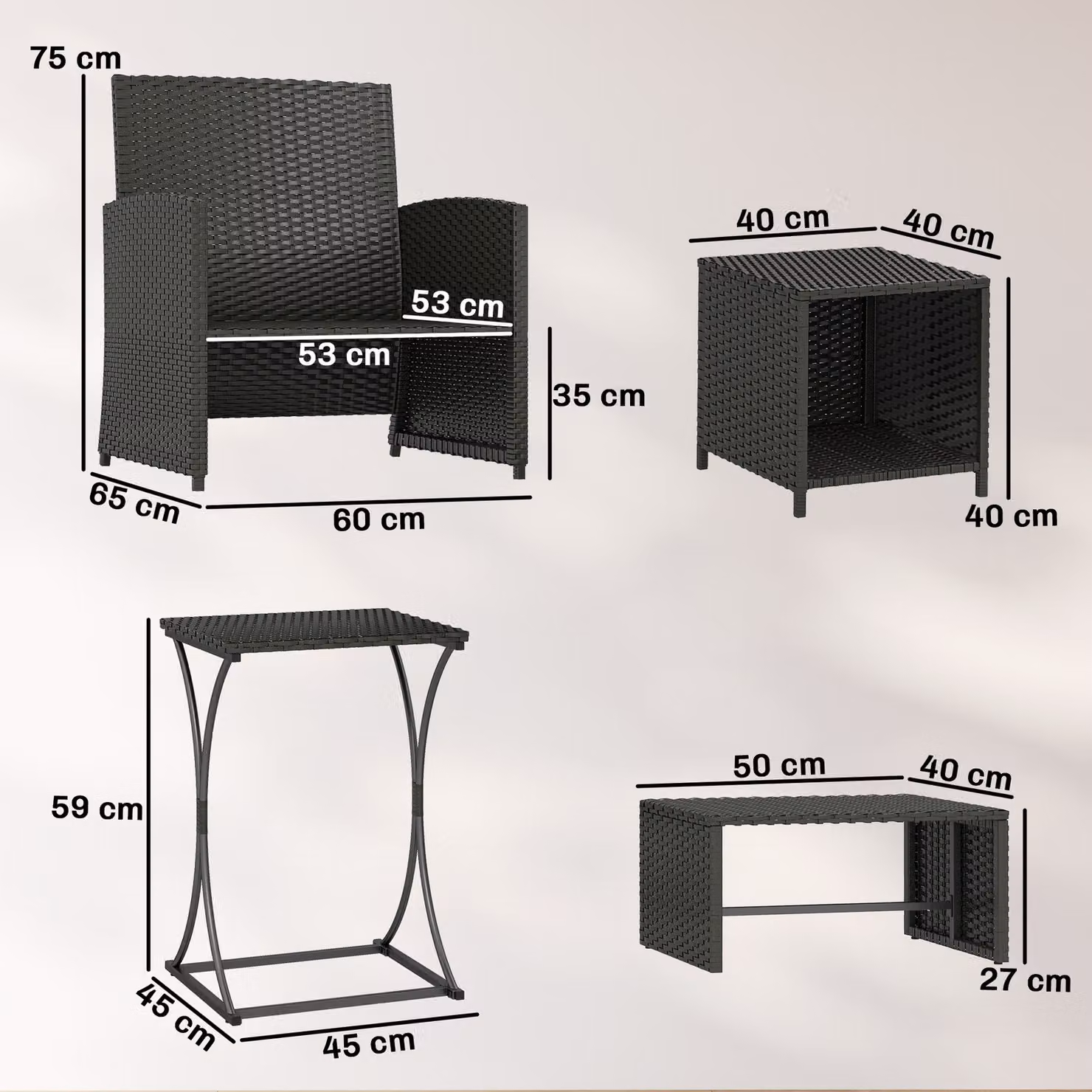 Outsunny 6 Piece Black Rattan Garden Furniture Set with Nesting Tables, Chairs, Stools and Cushions – 4