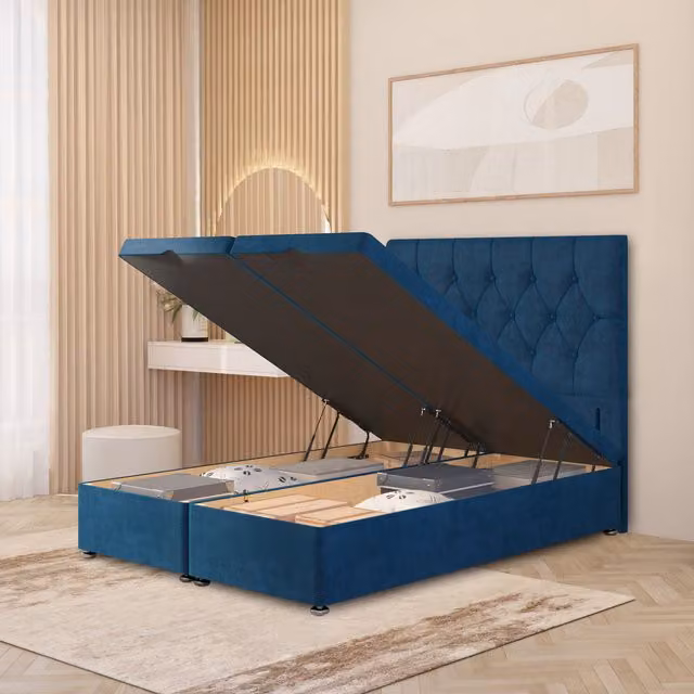 Somnior Beds Ltd Chesterfield Velvet Ottoman Bed with Gas Lift and 54 inch Floor Standing Headboard, Blue, W/D/H: 140 x 200 x 137 cm
