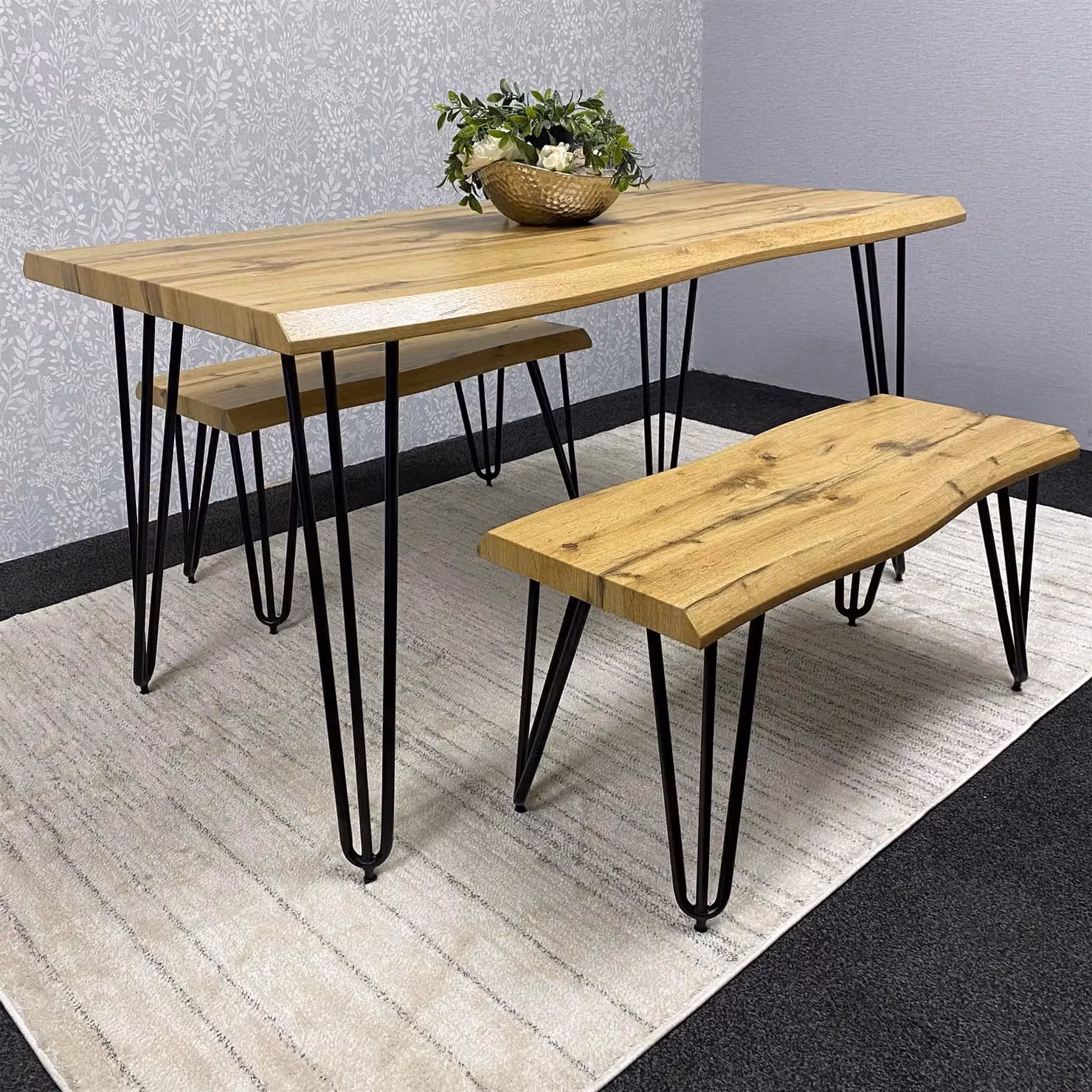KOSY KOALA Brown Wooden Dining Table and 2 Benches Set with Black Metal Hairpin Legs – 3