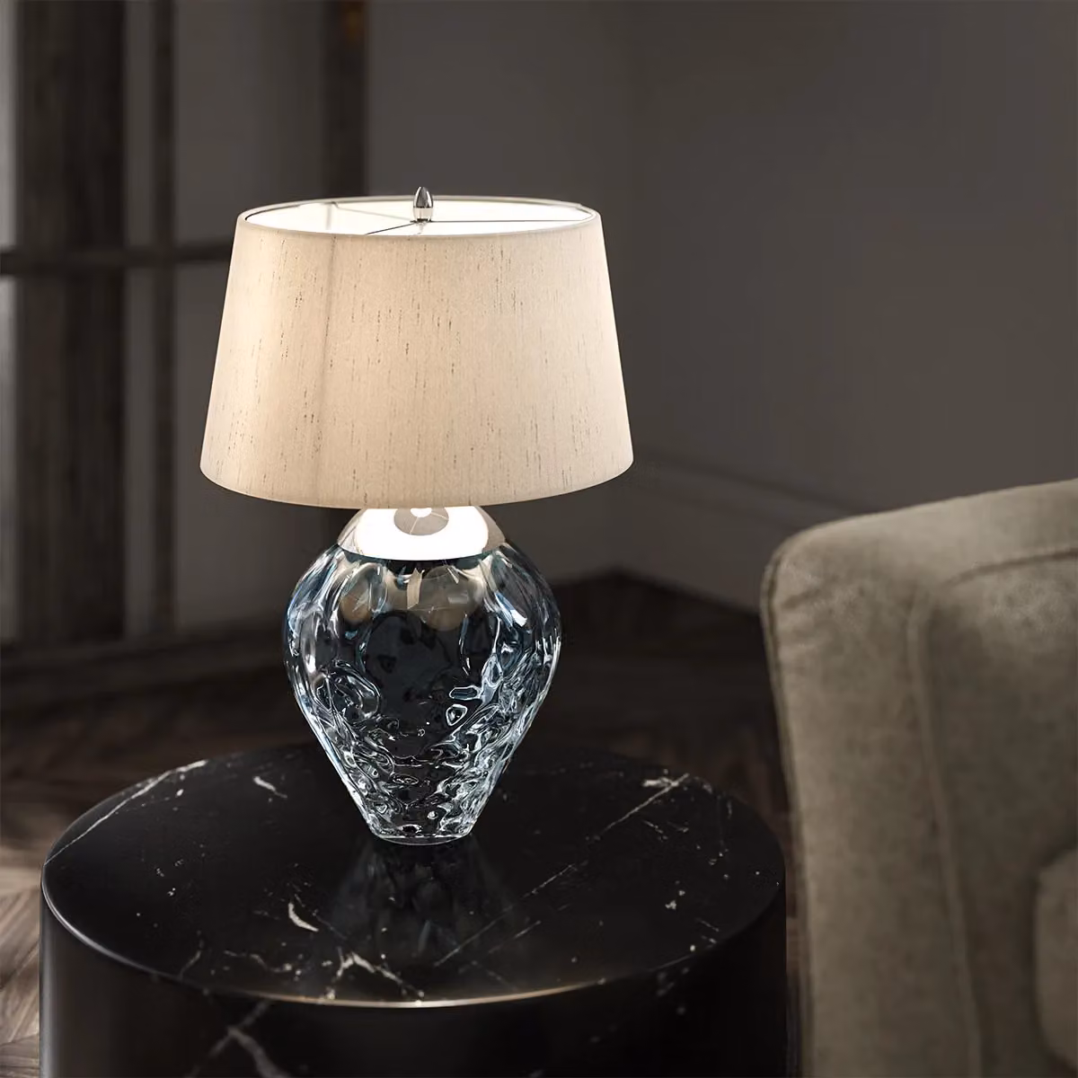 Netlighting Samara Table Lamp with Polished Nickel Metalwork and Light Blue Glass in Grey – 2