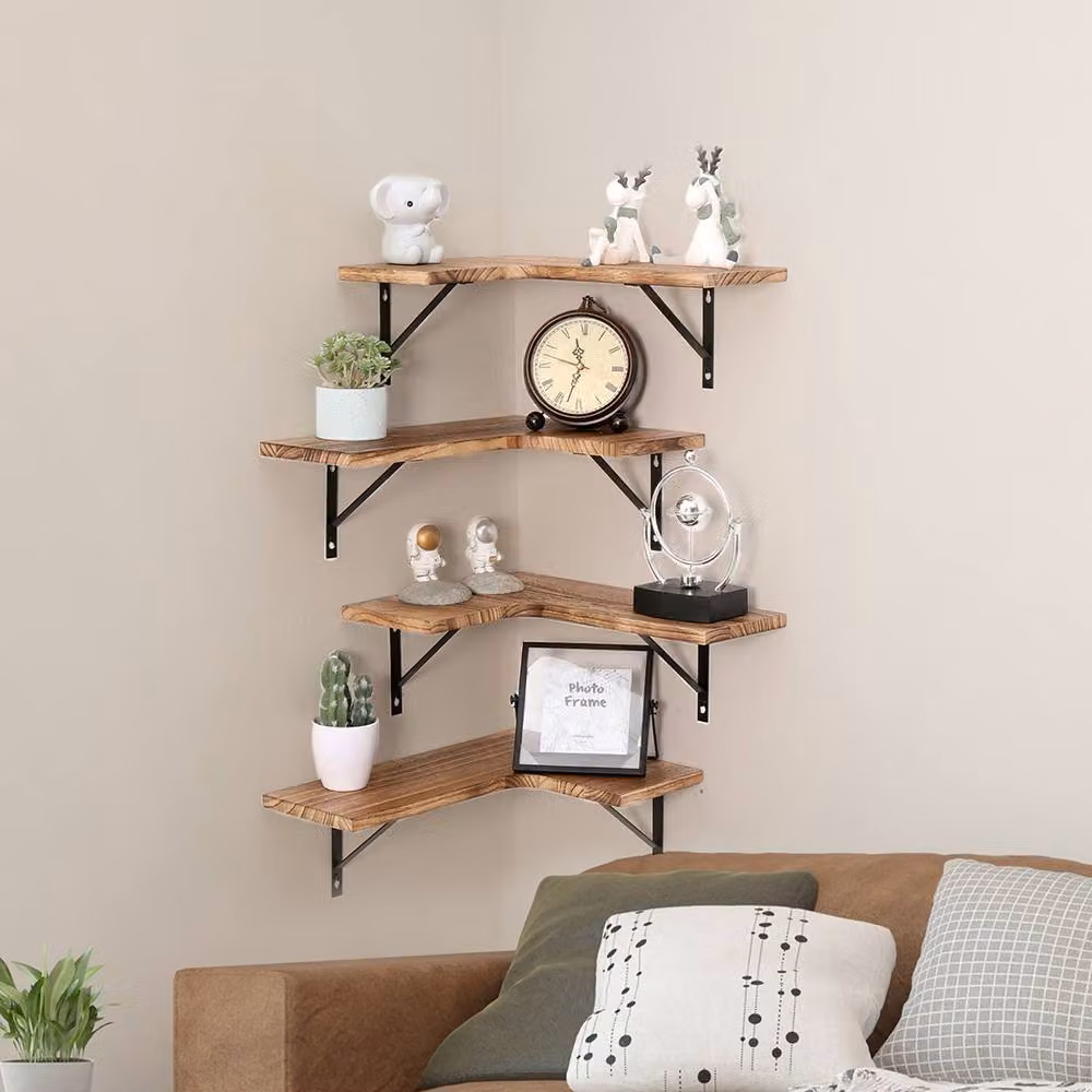 Levede 4-Piece L-Shaped Corner Floating Wooden Wall Shelves in Natural Brown – 2