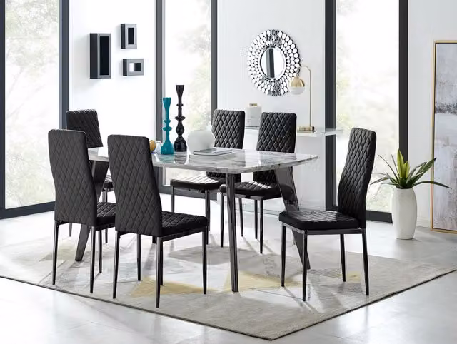 FurnitureboxUK Andria Marble Effect Rectangular Dining Table and 6 Milan Velvet Black Chairs with Gold Accents, W/D/H: 160 x 90 x 75 cm