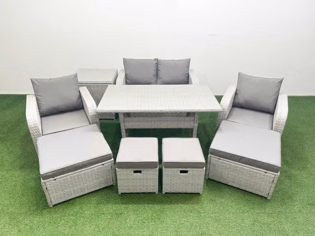 Fimous 8 Seater PE Rattan Garden Lounge Sofa Set in Light Grey with Upholstered Cushions and Coffee Table