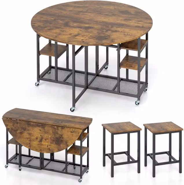 Gymax 3 Piece Round Folding Dining Table Set with Wheels in Light Brown – 1